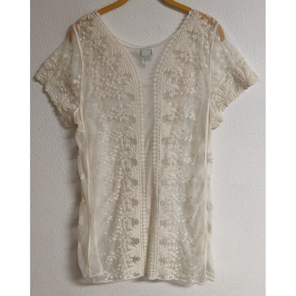 SUNDANCE Ivory Floral & Lace Short Sleeve Scoop Neck Tunic Top Medium - Picture 5 of 7